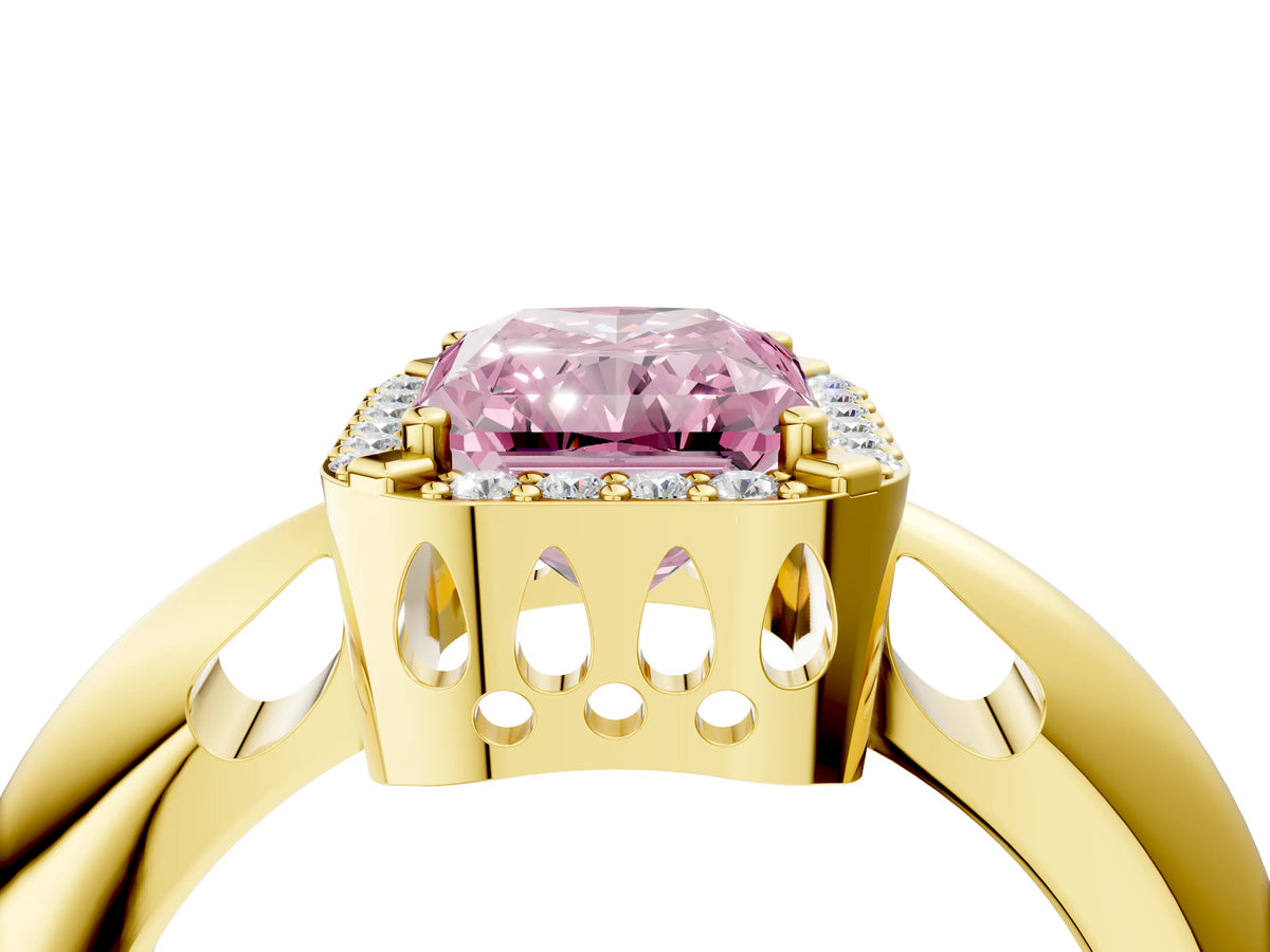 Fancy Pink Radiant Cut Diamond Halo Engagement Ring in Yellow gold with Plain Split Shank and Prong Setting_4