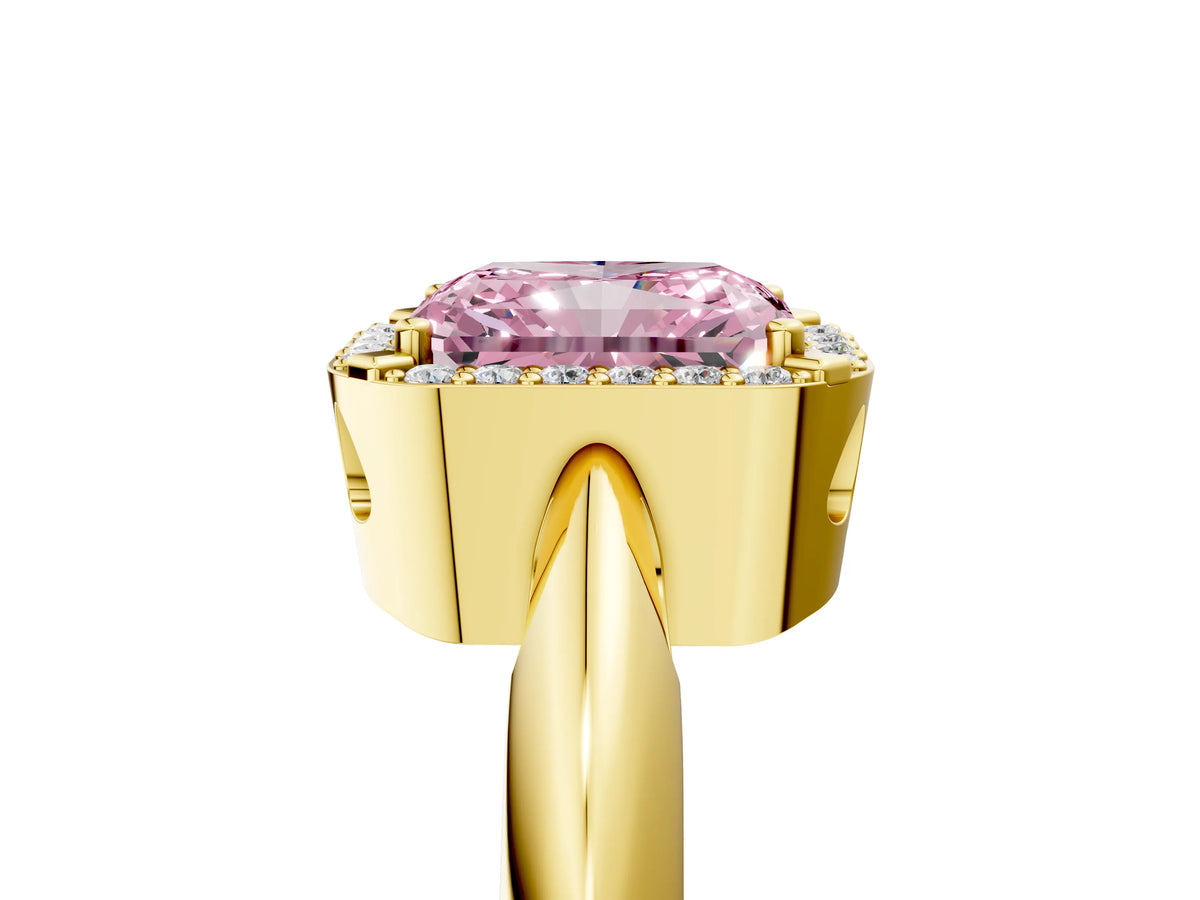 Fancy Pink Radiant Cut Diamond Halo Engagement Ring in Yellow gold with Plain Split Shank and Prong Setting_5