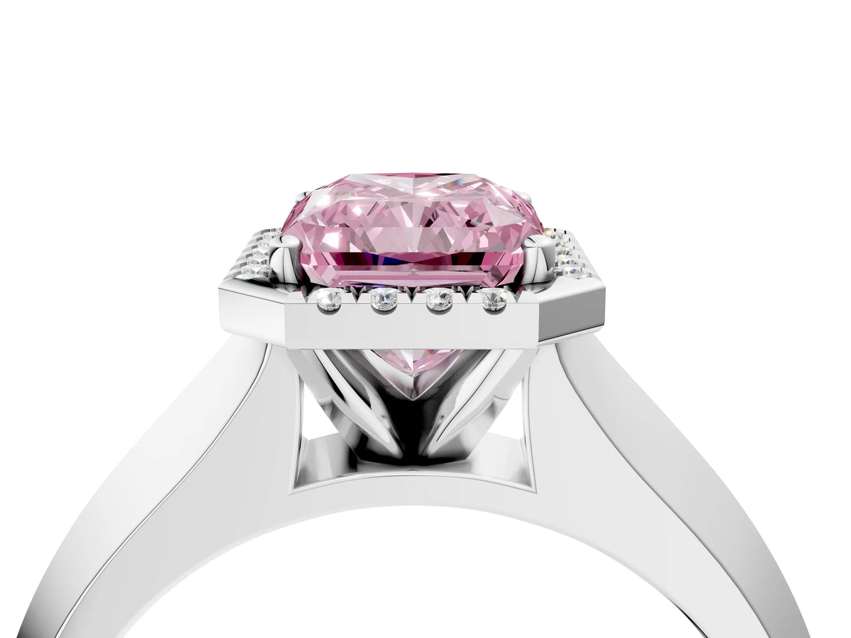 Fancy Pink Radiant Cut Diamond Halo Ring in Silver with Cathedral Band and Prong Setting_10