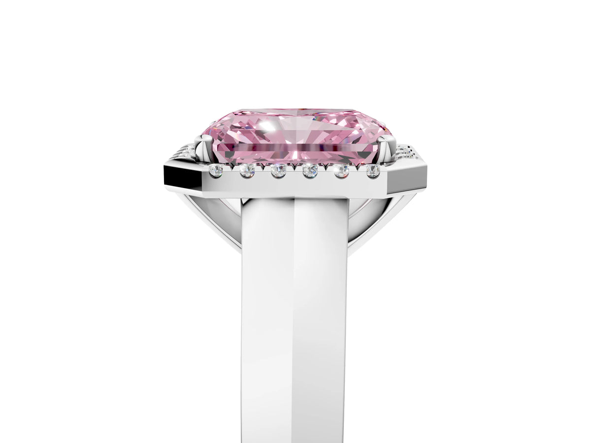 Fancy Pink Radiant Cut Diamond Halo Ring in Silver with Cathedral Band and Prong Setting_11