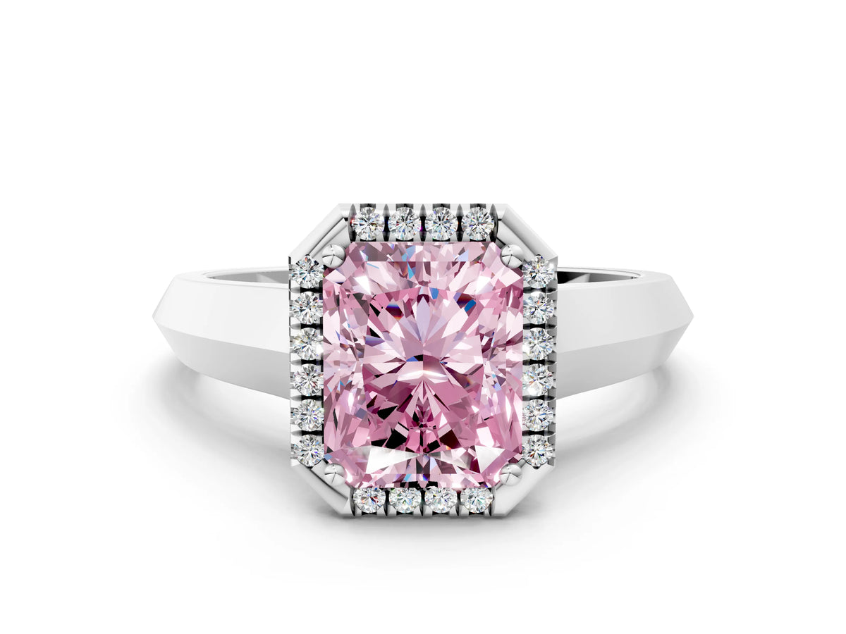Fancy Pink Radiant Cut Diamond Halo Ring in Silver with Cathedral Band and Prong Setting_6