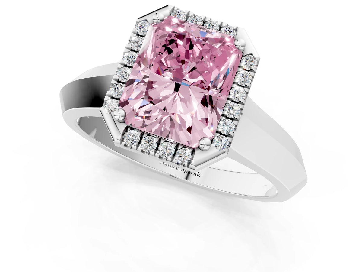 Fancy Pink Radiant Cut Diamond Halo Ring in Silver with Cathedral Band and Prong Setting_7