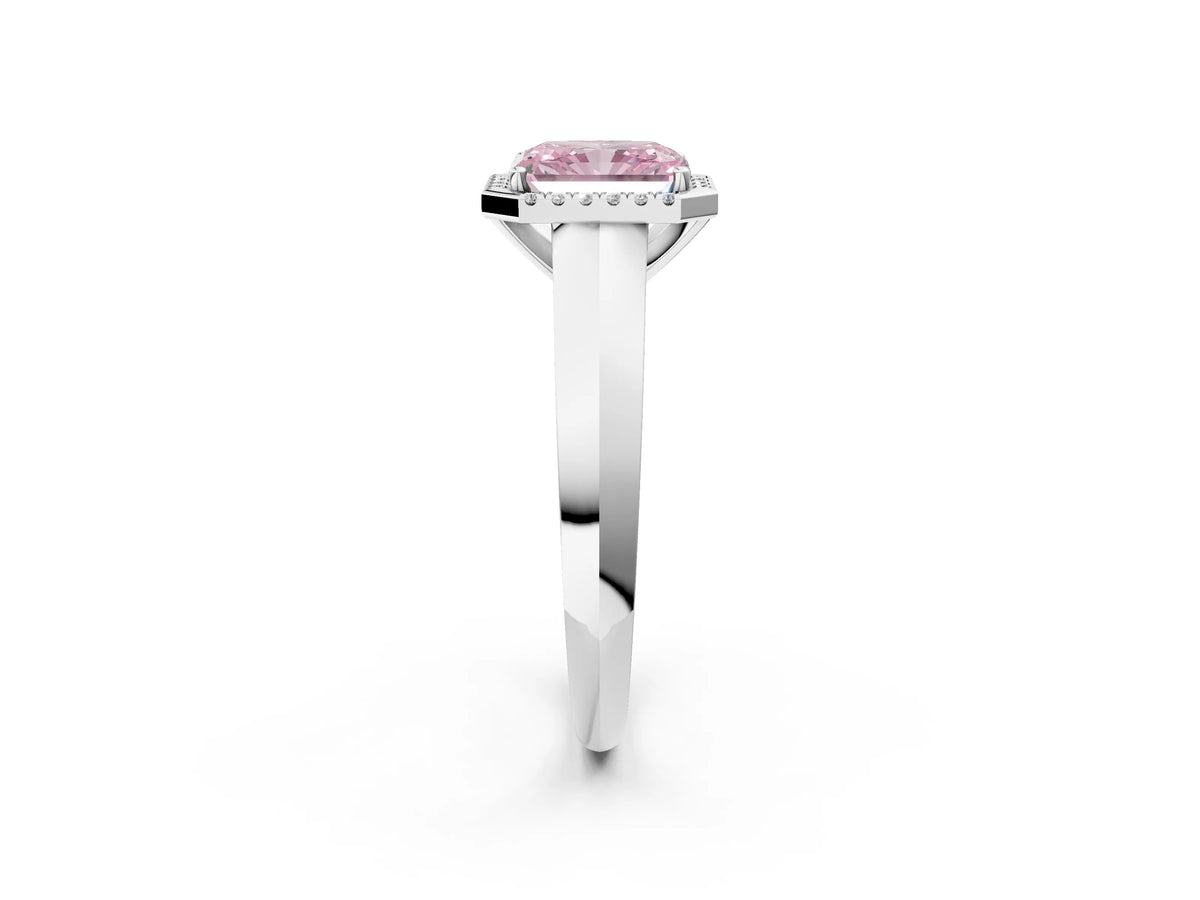 Fancy Pink Radiant Cut Diamond Halo Ring in Silver with Cathedral Band and Prong Setting_8