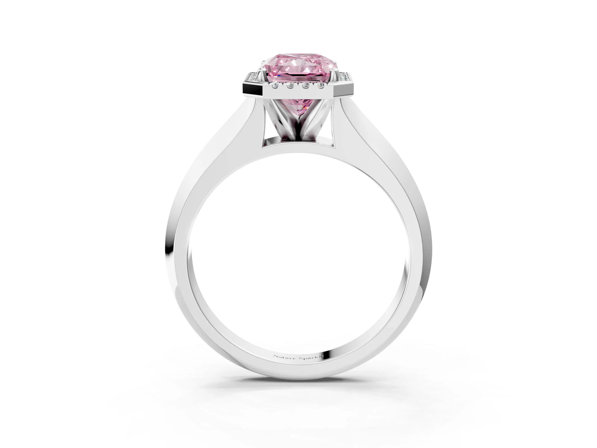 Fancy Pink Radiant Cut Diamond Halo Ring in Silver with Cathedral Band and Prong Setting_9