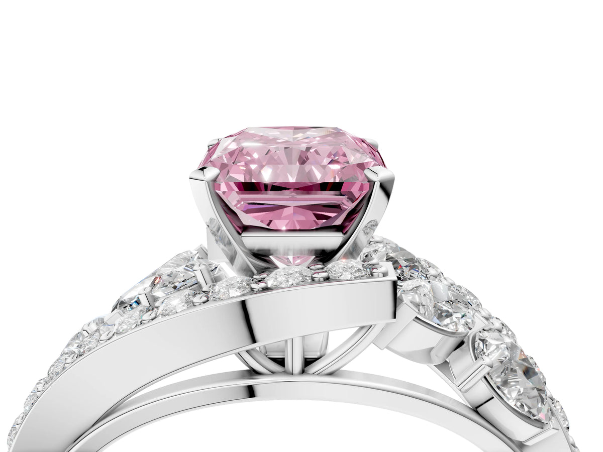 Fancy Pink Radiant Cut Diamond Halo Ring in Silver with Marquise and Pavé Band in Prong Setting_10