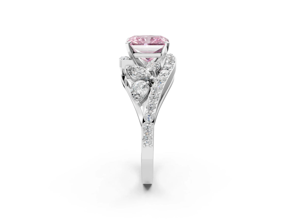 Fancy Pink Radiant Cut Diamond Halo Ring in Silver with Marquise and Pavé Band in Prong Setting_8