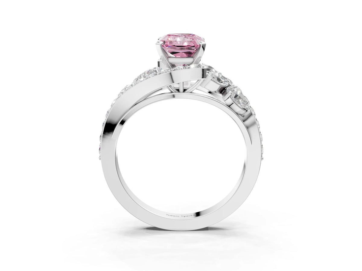 Fancy Pink Radiant Cut Diamond Halo Ring in White gold with Marquise and Pavé Band in Prong Setting_3