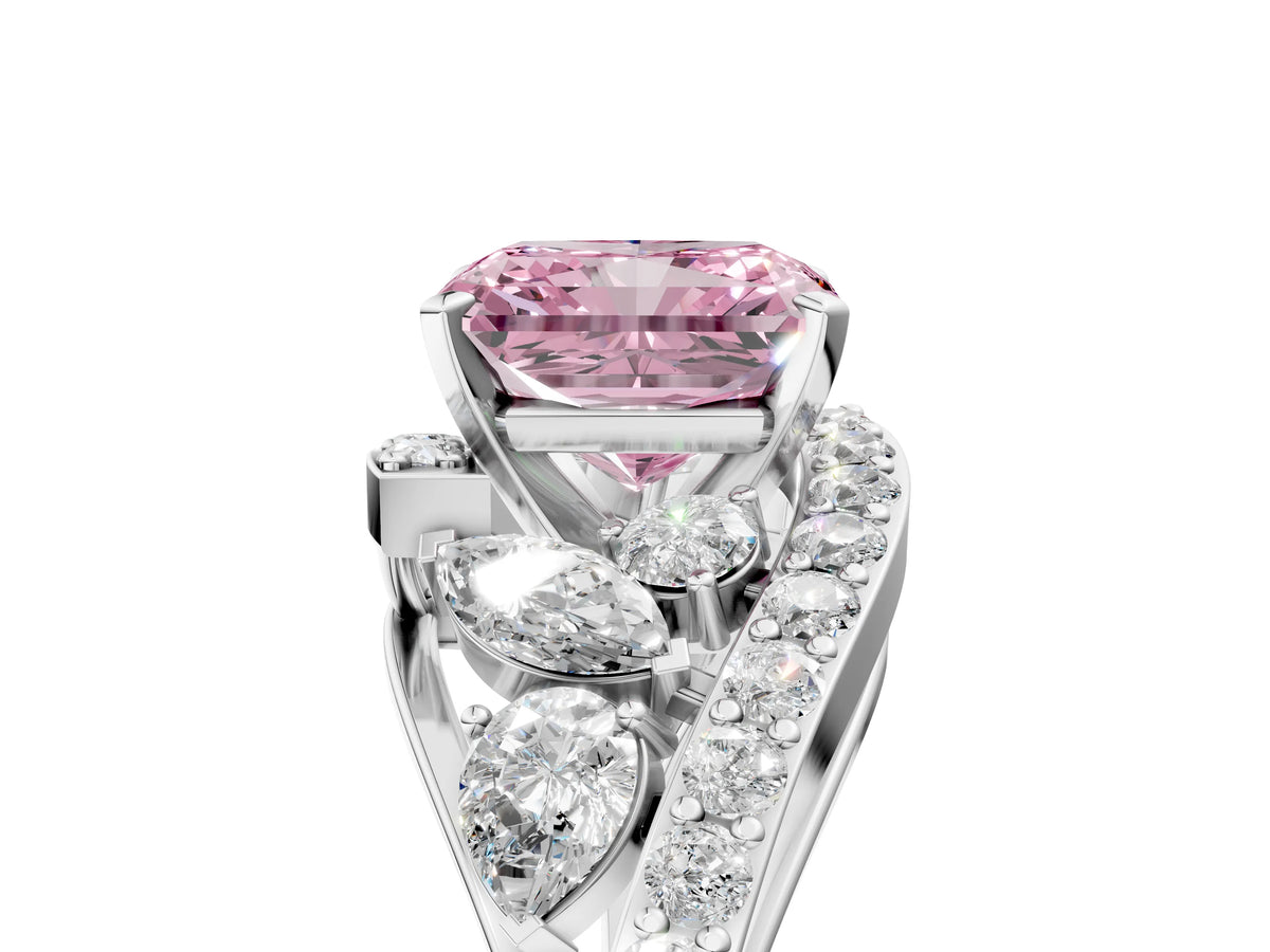 Fancy Pink Radiant Cut Diamond Halo Ring in White gold with Marquise and Pavé Band in Prong Setting_5