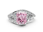 Fancy Pink Radiant Cut Diamond Halo Ring in White gold with Marquise and Pavé Band in Prong Setting
