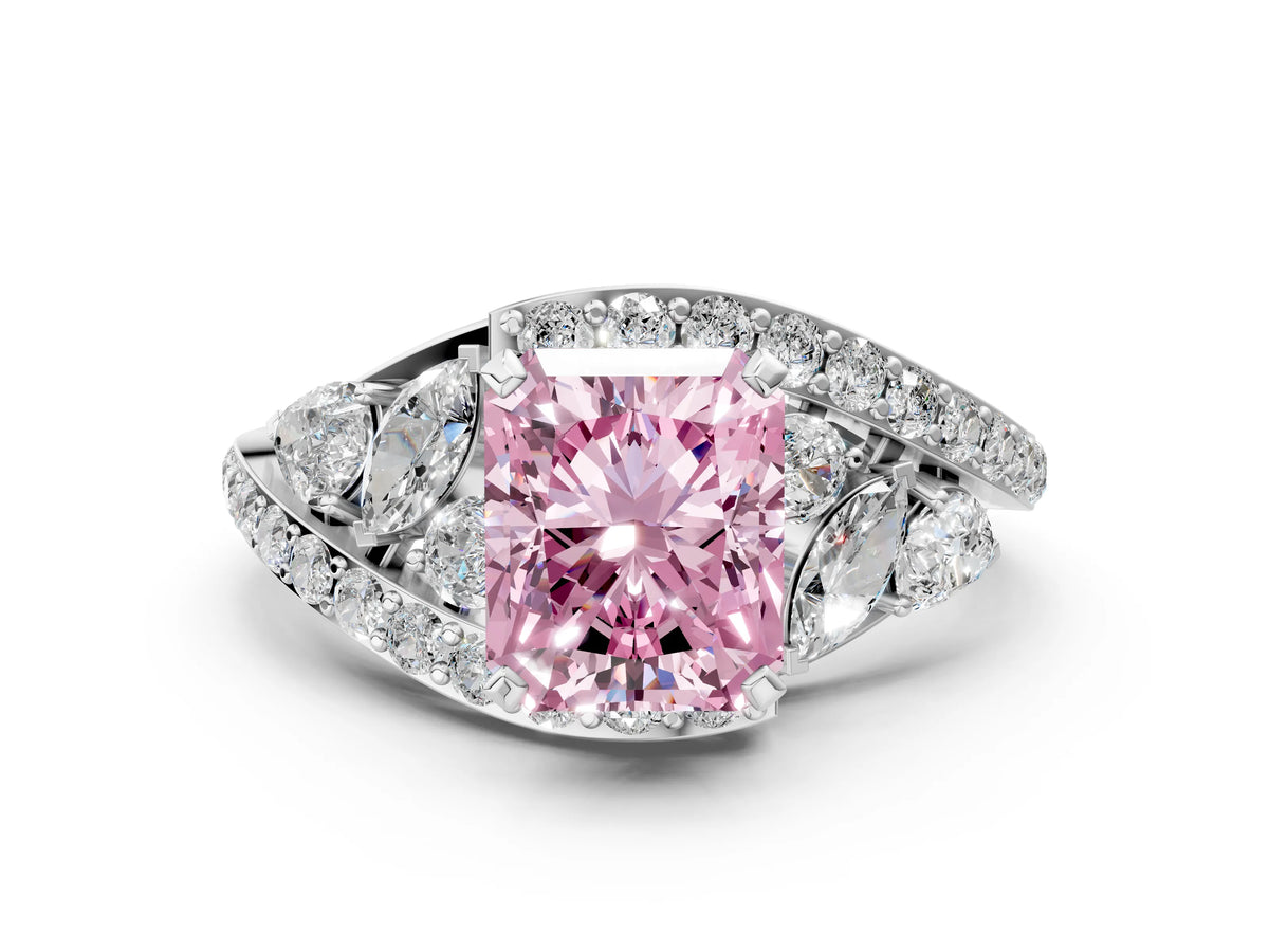 Fancy Pink Radiant Cut Diamond Halo Ring in White gold with Marquise and Pavé Band in Prong Setting