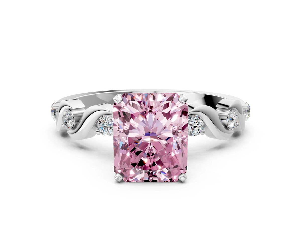 Fancy Pink Radiant Cut Diamond Solitaire Ring in Platinum with Twisted Ribbon Band and Round Accents