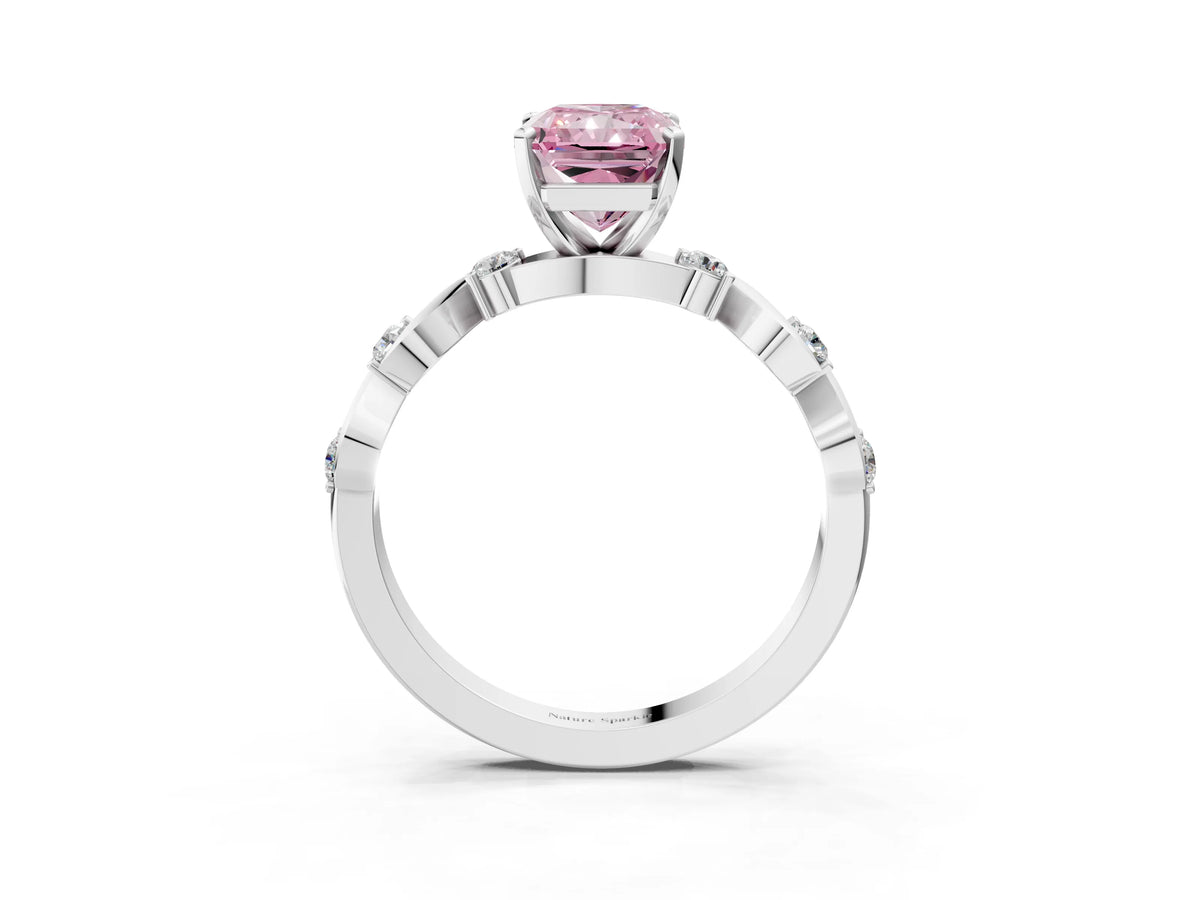 Fancy Pink Radiant Cut Diamond Solitaire Ring in Platinum with Twisted Ribbon Band and Round Accents_3