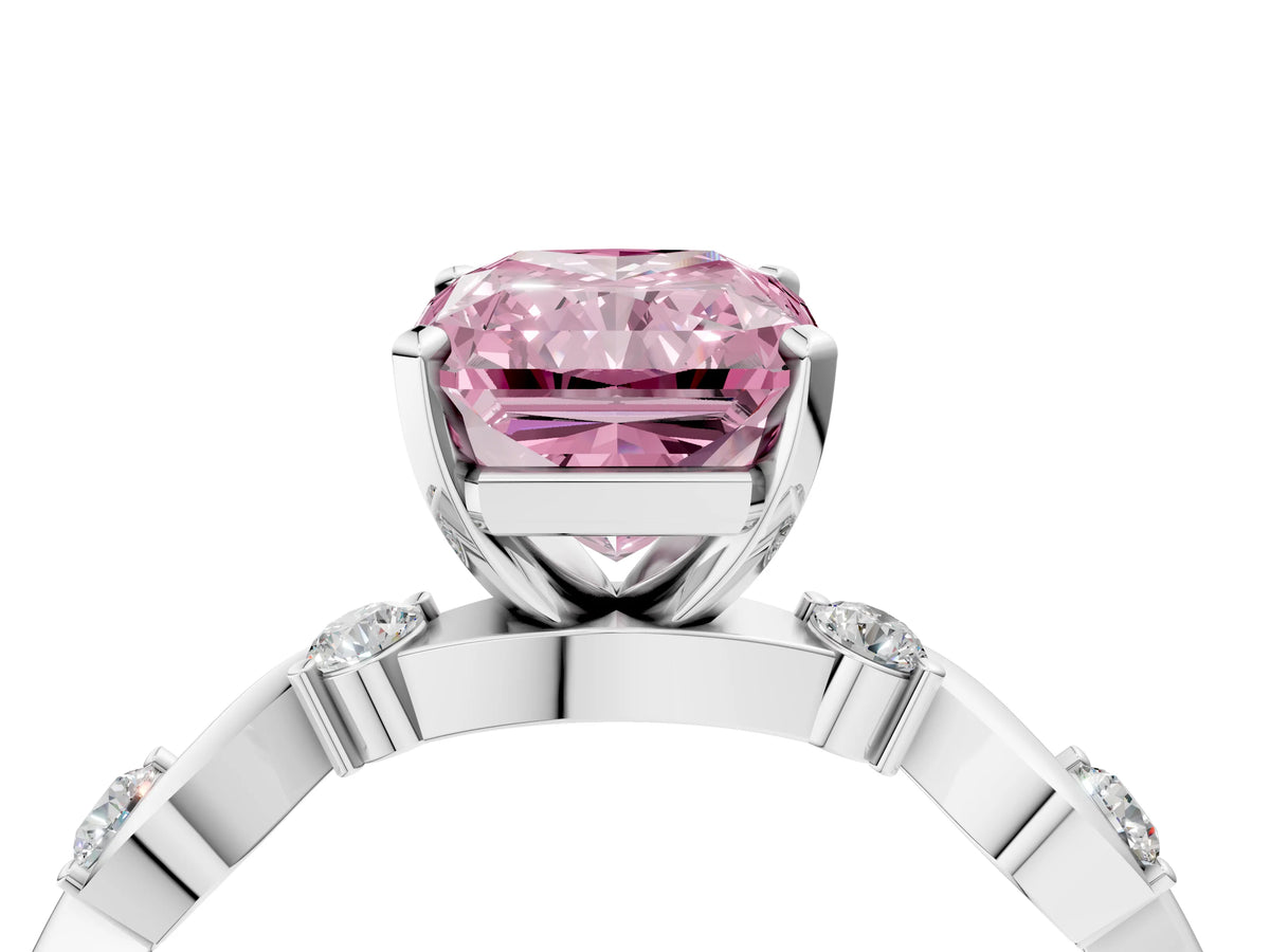 Fancy Pink Radiant Cut Diamond Solitaire Ring in Platinum with Twisted Ribbon Band and Round Accents_4