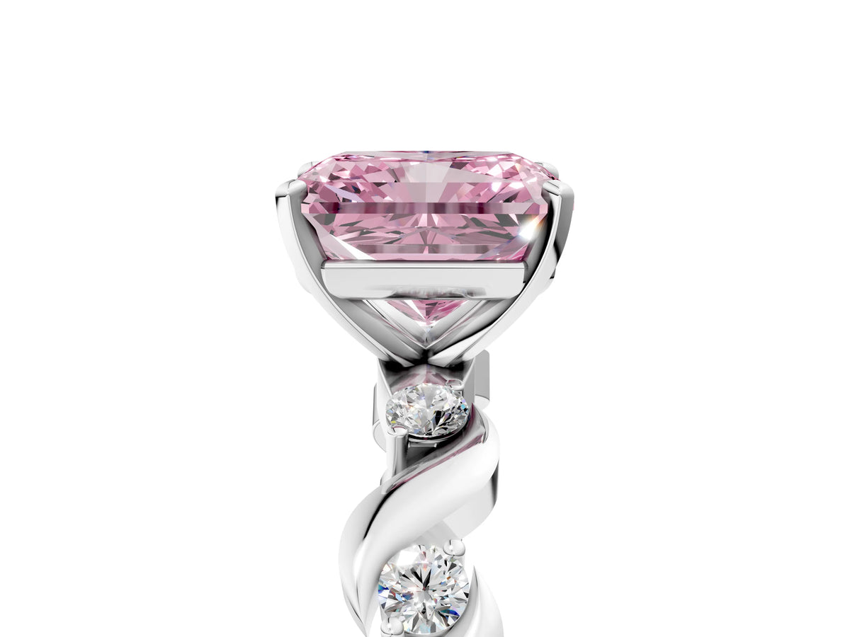 Fancy Pink Radiant Cut Diamond Solitaire Ring in Platinum with Twisted Ribbon Band and Round Accents_5
