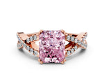 Fancy Pink Radiant Cut Diamond Solitaire Ring in Rose gold with Interwoven Pavé Band and Prong Setting