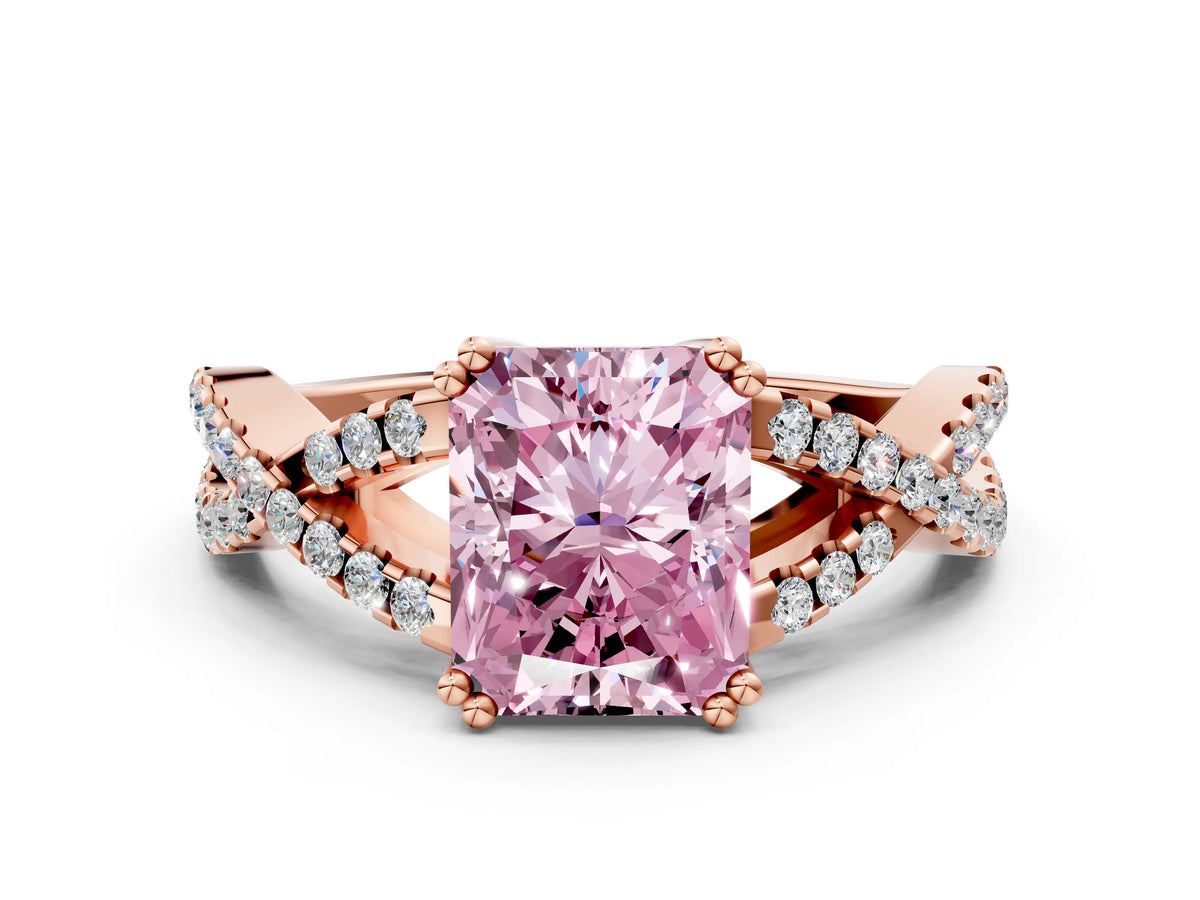 Fancy Pink Radiant Cut Diamond Solitaire Ring in Rose gold with Interwoven Pavé Band and Prong Setting