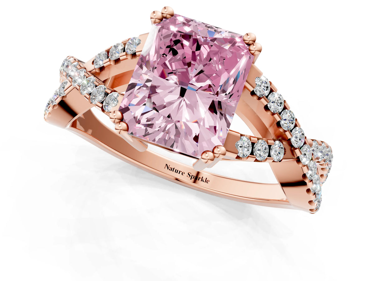 Fancy Pink Radiant Cut Diamond Solitaire Ring in Rose gold with Interwoven Pavé Band and Prong Setting_1