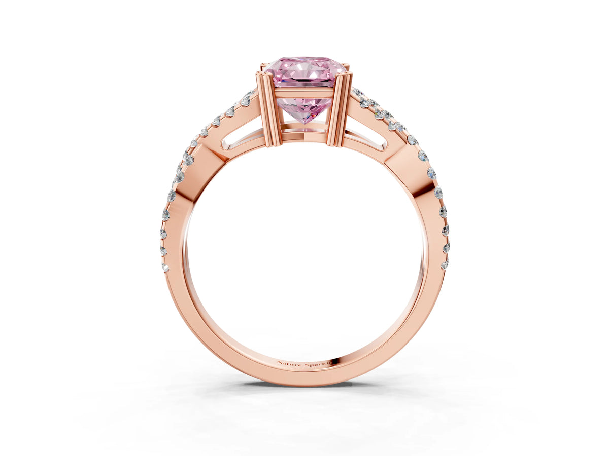 Fancy Pink Radiant Cut Diamond Solitaire Ring in Rose gold with Interwoven Pavé Band and Prong Setting_3
