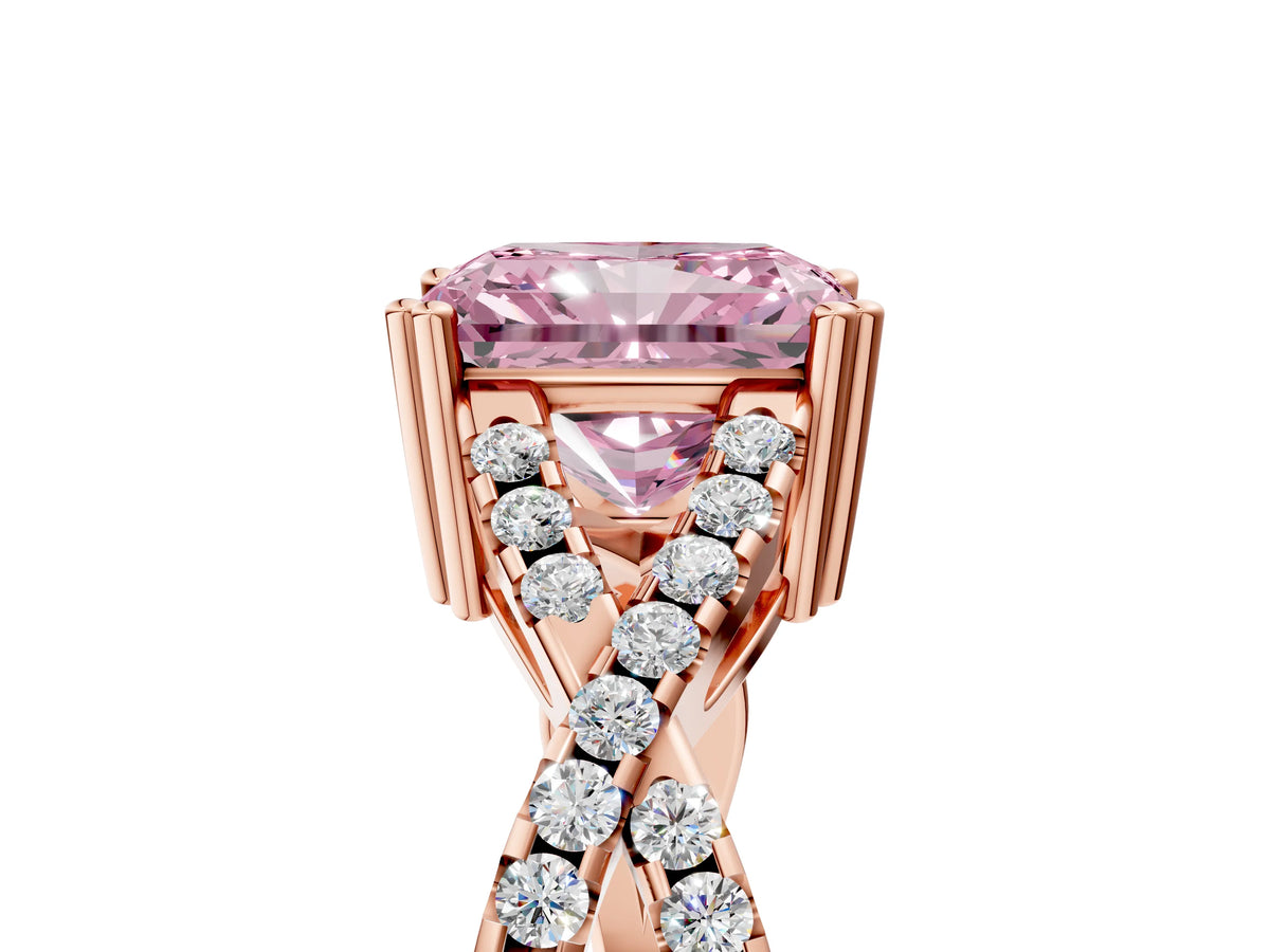 Fancy Pink Radiant Cut Diamond Solitaire Ring in Rose gold with Interwoven Pavé Band and Prong Setting_5