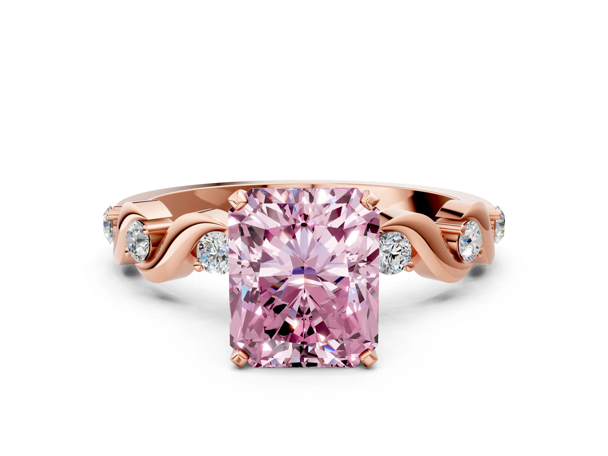 Fancy Pink Radiant Cut Diamond Solitaire Ring in Rose gold with Twisted Ribbon Band and Round Accents