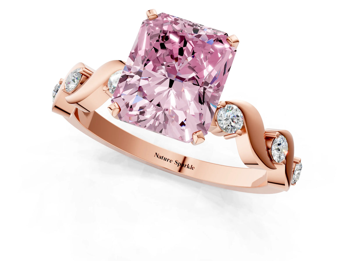 Fancy Pink Radiant Cut Diamond Solitaire Ring in Rose gold with Twisted Ribbon Band and Round Accents_1