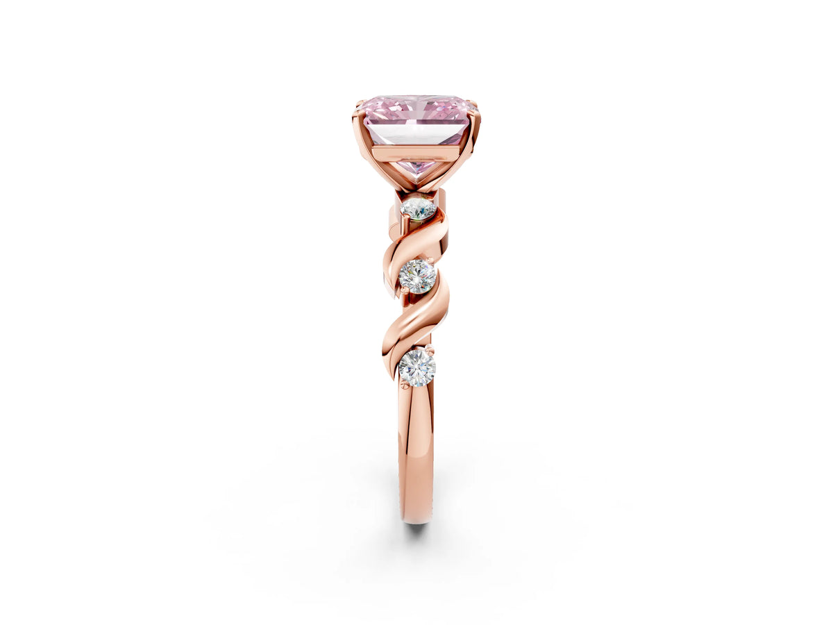 Fancy Pink Radiant Cut Diamond Solitaire Ring in Rose gold with Twisted Ribbon Band and Round Accents_2