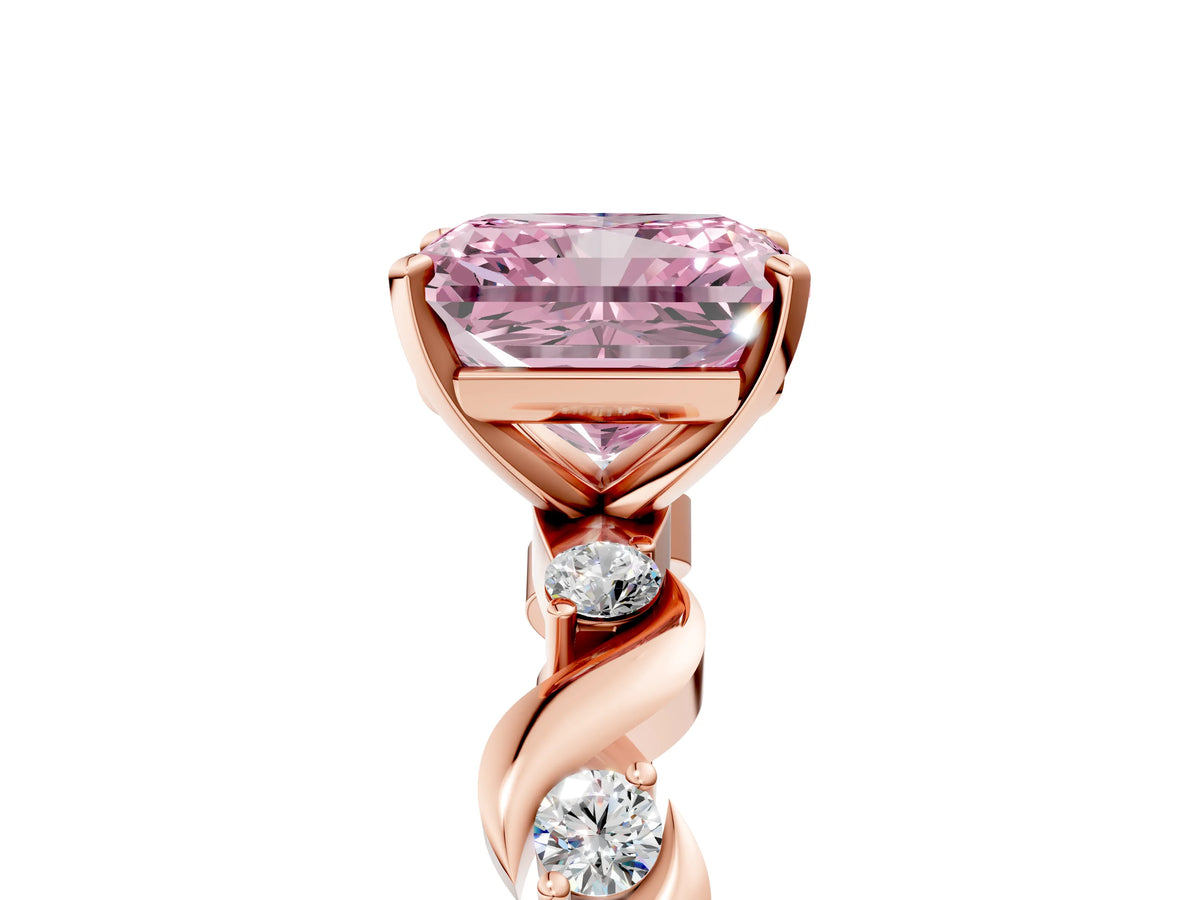 Fancy Pink Radiant Cut Diamond Solitaire Ring in Rose gold with Twisted Ribbon Band and Round Accents_5