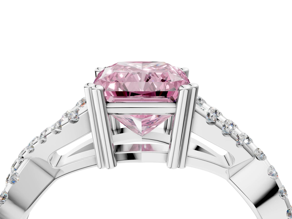 Fancy Pink Radiant Cut Diamond Solitaire Ring in Silver with Interwoven Pavé Band and Prong Setting_10
