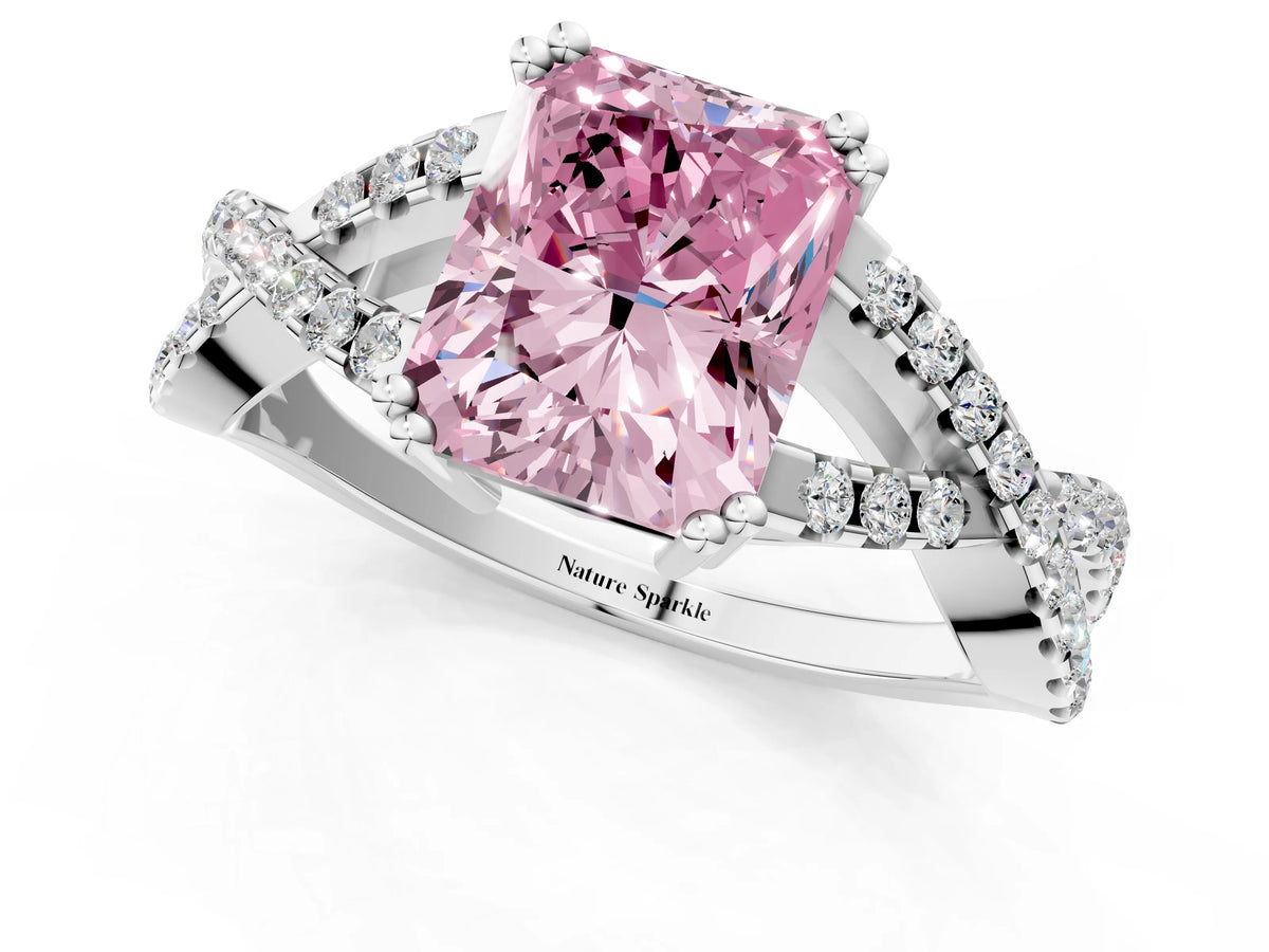 Fancy Pink Radiant Cut Diamond Solitaire Ring in Silver with Interwoven Pavé Band and Prong Setting_7