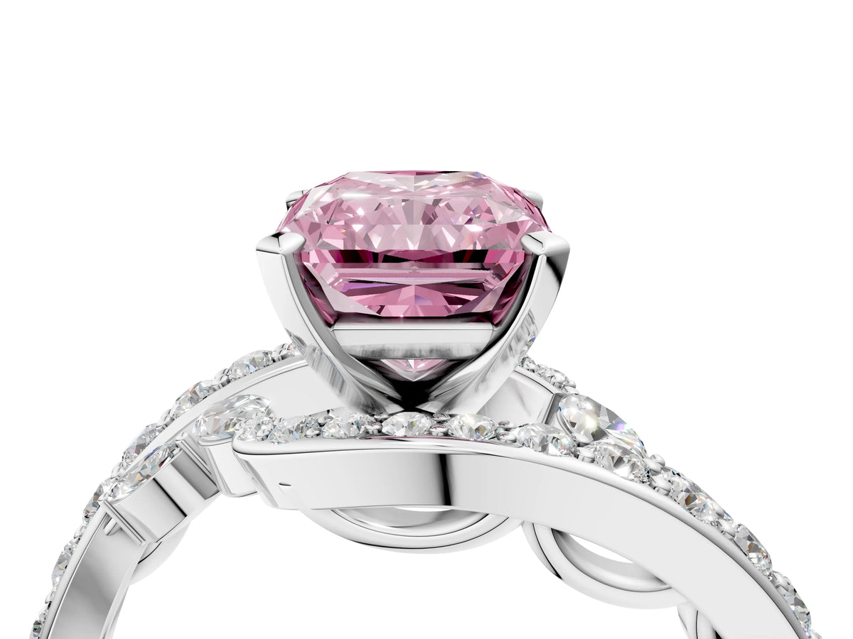 Fancy Pink Radiant Cut Diamond Solitaire Ring in Silver with Pavé Twist Band and Prong Setting_10