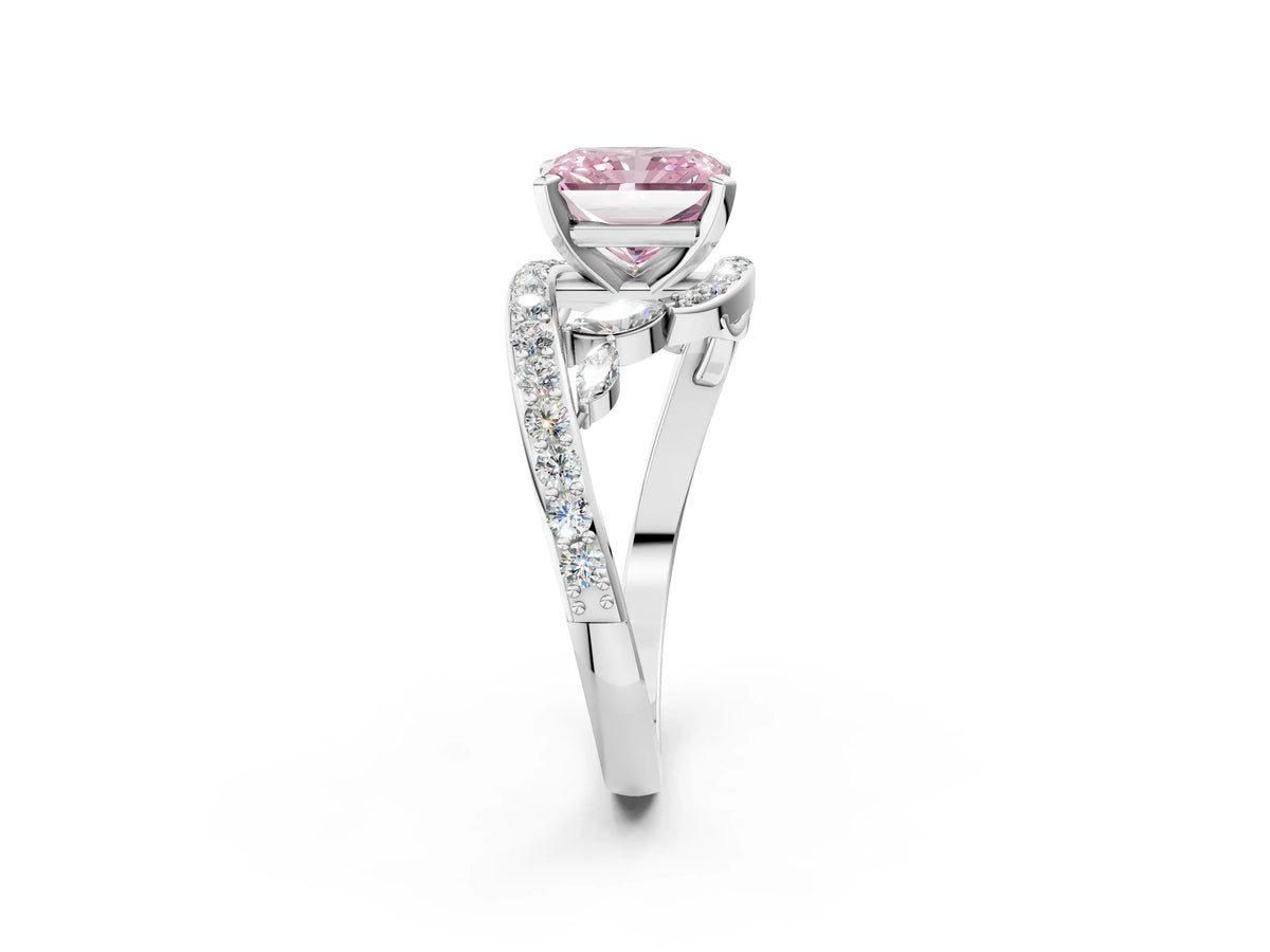 Fancy Pink Radiant Cut Diamond Solitaire Ring in Silver with Pavé Twist Band and Prong Setting_8