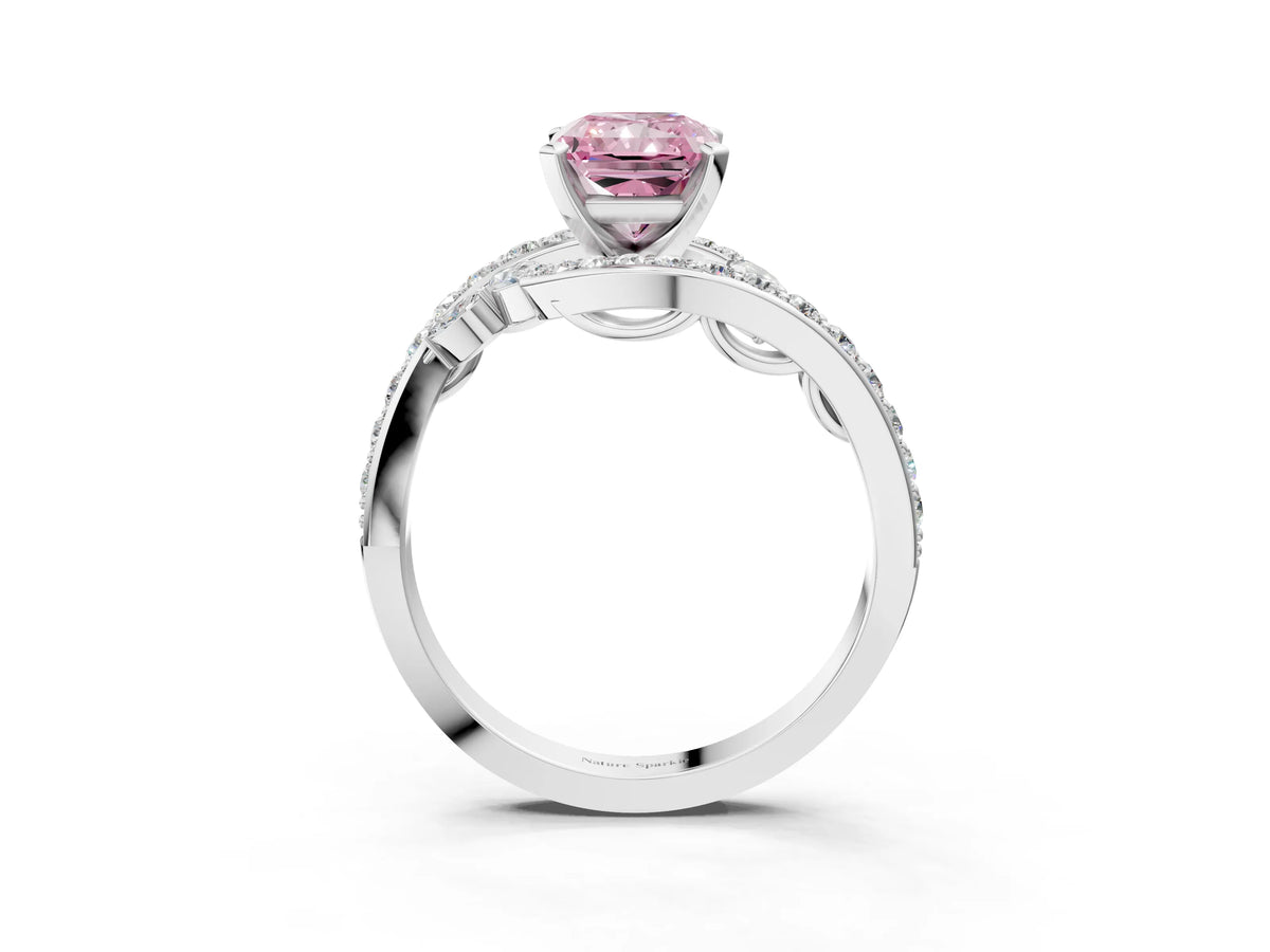 Fancy Pink Radiant Cut Diamond Solitaire Ring in Silver with Pavé Twist Band and Prong Setting_9