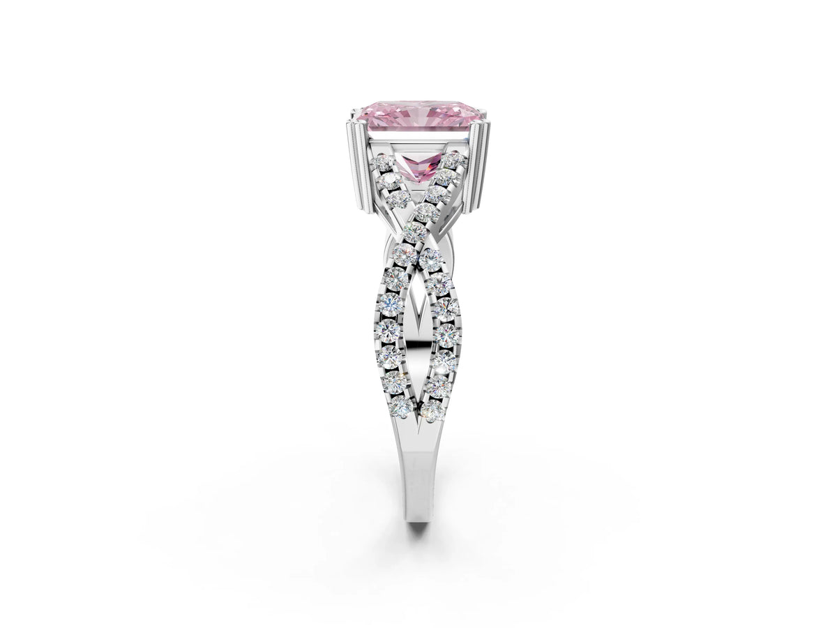 Fancy Pink Radiant Cut Diamond Solitaire Ring in White gold with Interwoven Pavé Band and Prong Setting_2