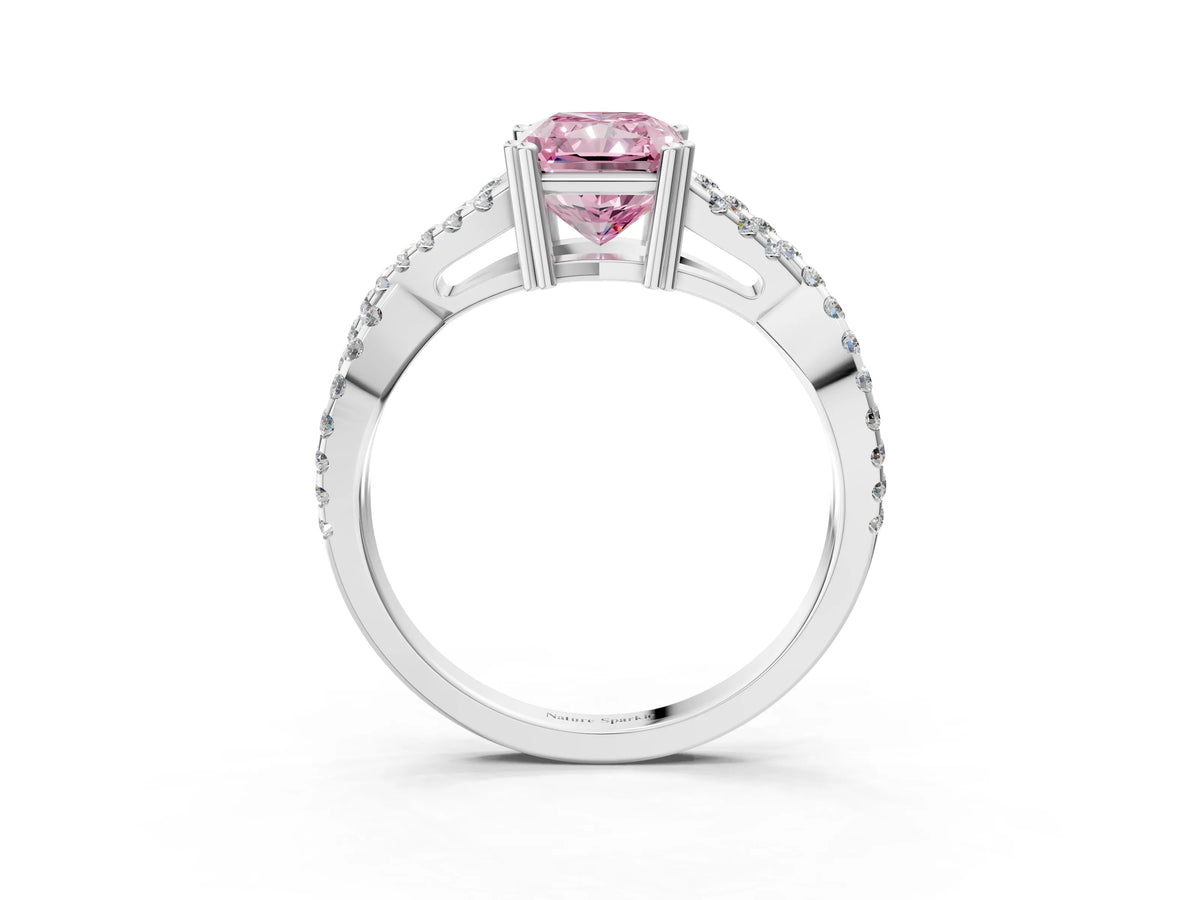 Fancy Pink Radiant Cut Diamond Solitaire Ring in White gold with Interwoven Pavé Band and Prong Setting_3