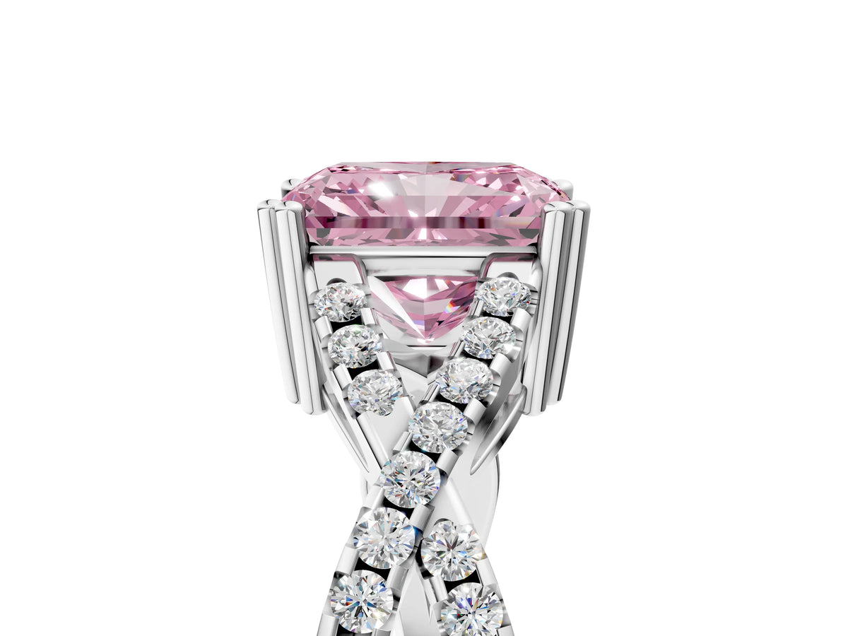 Fancy Pink Radiant Cut Diamond Solitaire Ring in White gold with Interwoven Pavé Band and Prong Setting_5
