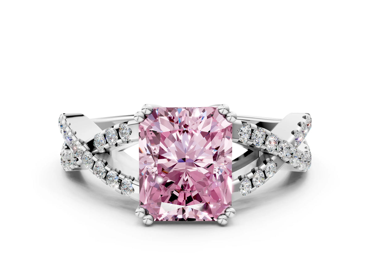 Fancy Pink Radiant Cut Diamond Solitaire Ring in White gold with Interwoven Pavé Band and Prong Setting