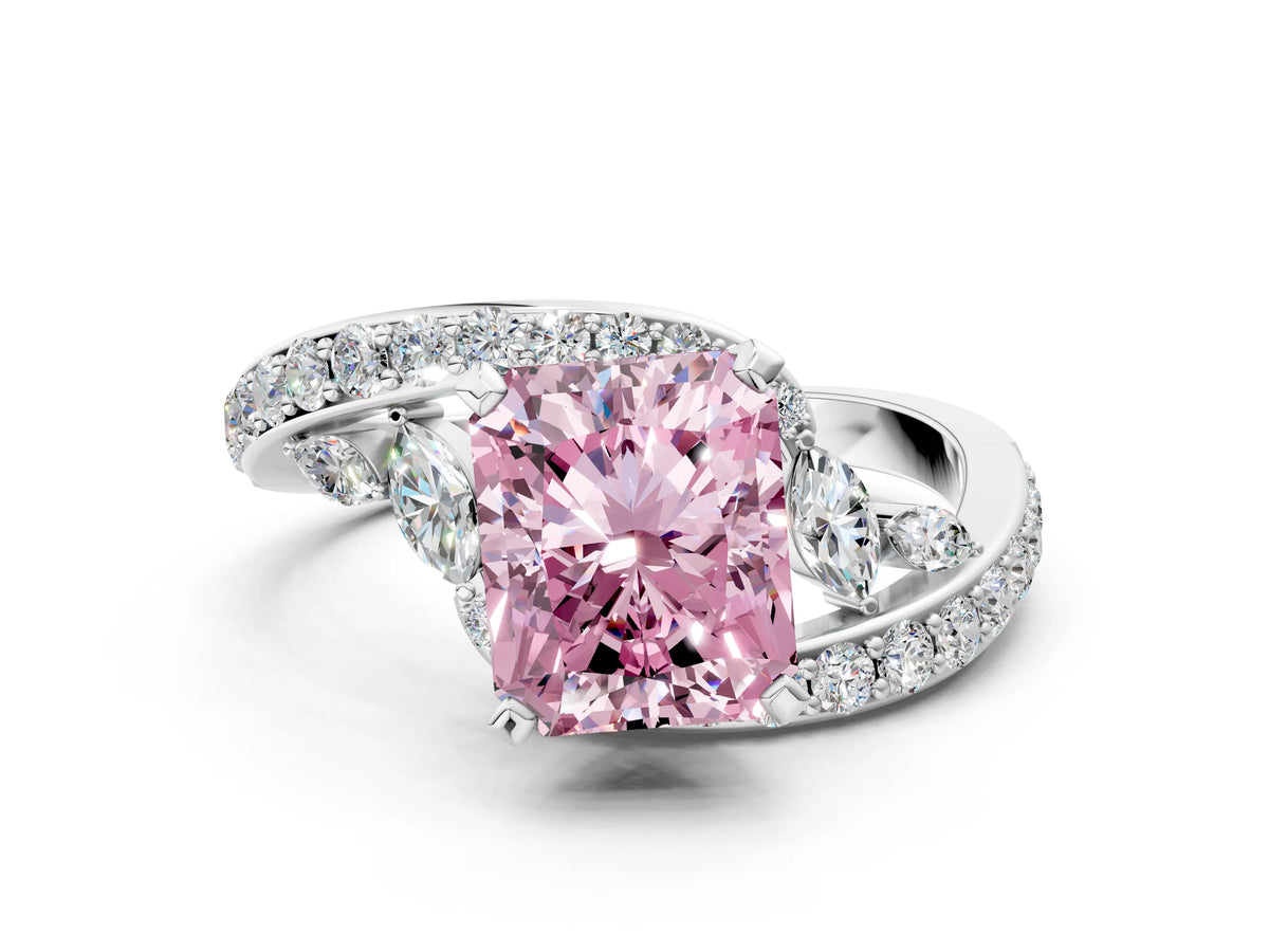 Fancy Pink Radiant Cut Diamond Solitaire Ring in White gold with Pavé Twist Band and Prong Setting