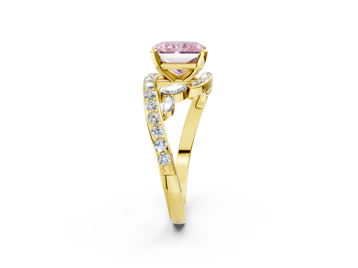 Fancy Pink Radiant Cut Diamond Solitaire Ring in Yellow gold with Pavé Twist Band and Prong Setting_2