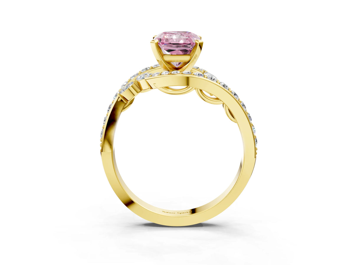 Fancy Pink Radiant Cut Diamond Solitaire Ring in Yellow gold with Pavé Twist Band and Prong Setting_3
