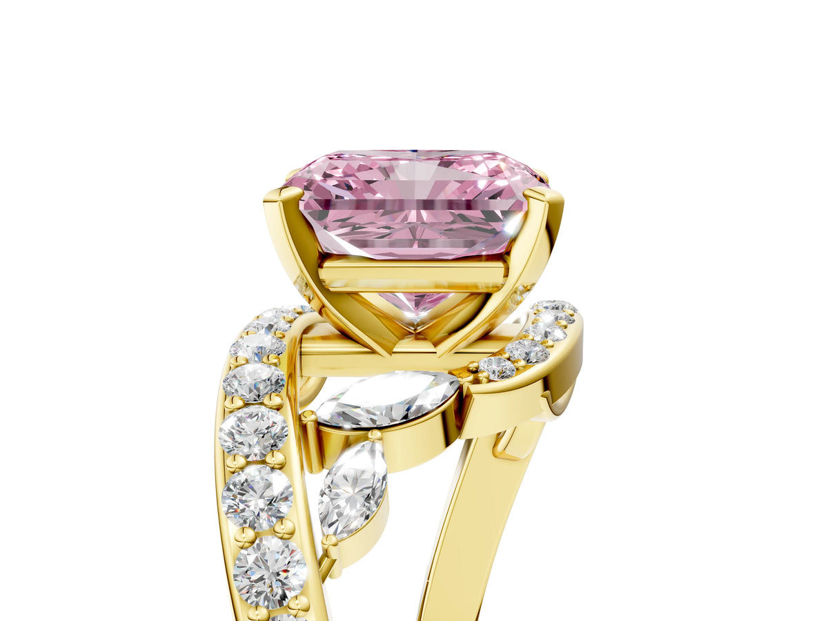 Fancy Pink Radiant Cut Diamond Solitaire Ring in Yellow gold with Pavé Twist Band and Prong Setting_5