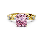 Fancy Pink Radiant Cut Diamond Solitaire Ring in Yellow gold with Twisted Ribbon Band and Round Accents
