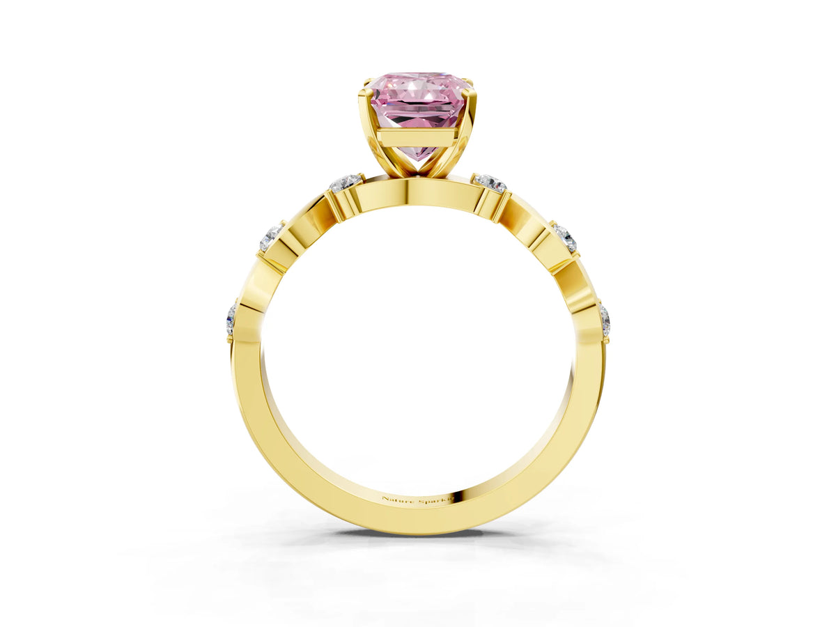 Fancy Pink Radiant Cut Diamond Solitaire Ring in Yellow gold with Twisted Ribbon Band and Round Accents_3