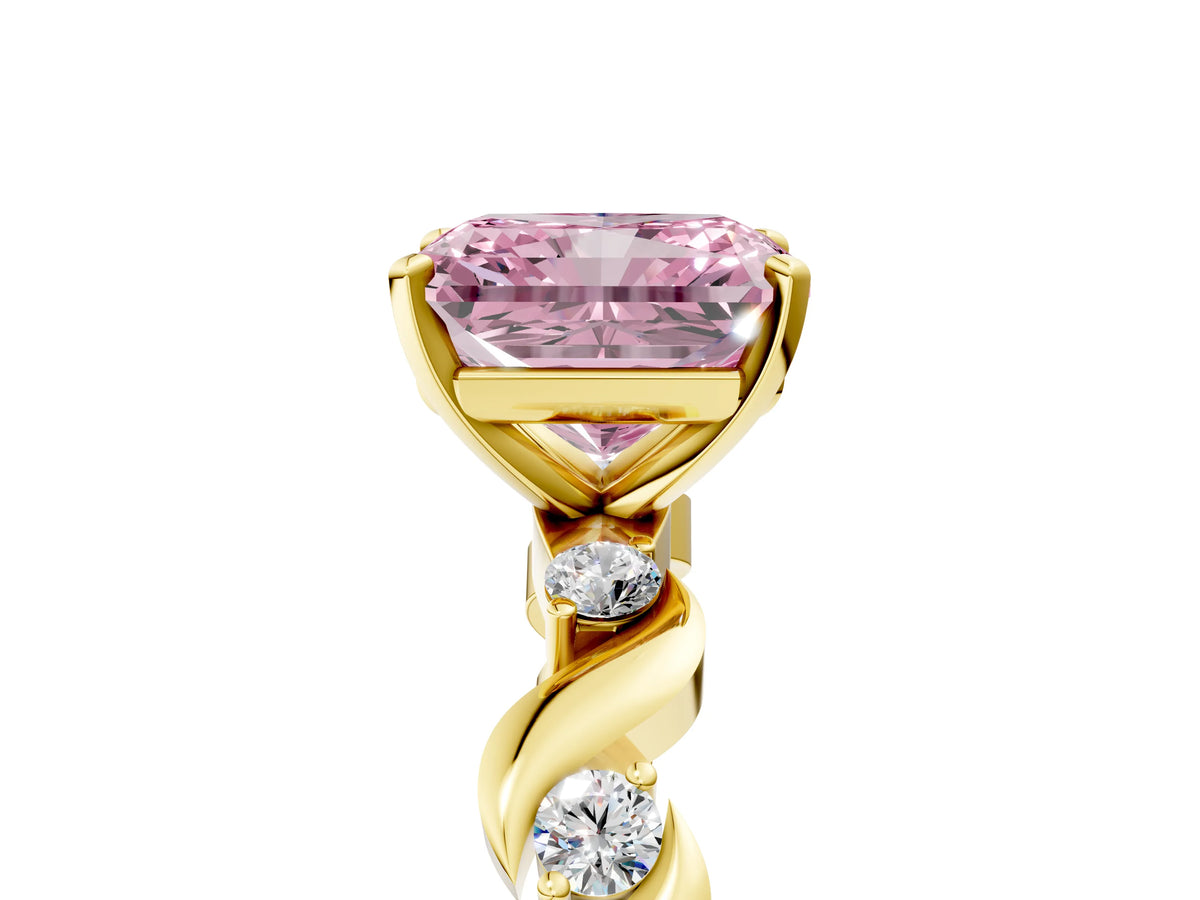 Fancy Pink Radiant Cut Diamond Solitaire Ring in Yellow gold with Twisted Ribbon Band and Round Accents_5