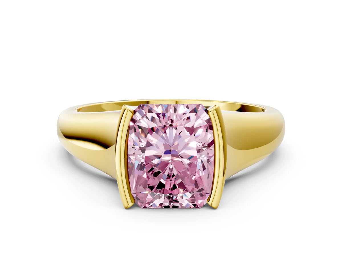 Fancy Pink Radiant Cut Diamond Tension Set Solitaire Ring in Yellow gold with Split Shank Band