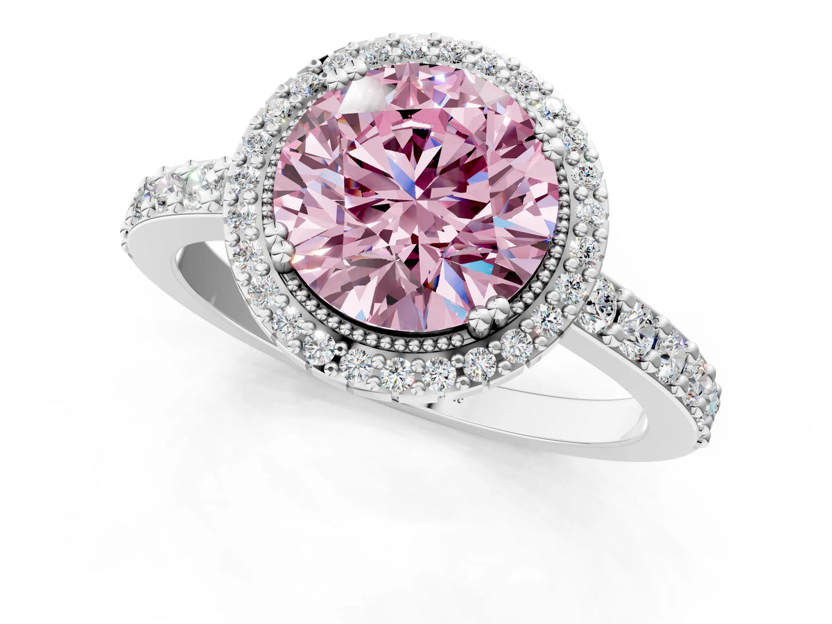 Fancy Pink Round Cut Diamond Halo Engagement Ring in White gold with Milgrain Detail and Pavé Band_1