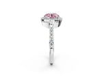 Fancy Pink Round Cut Diamond Halo Engagement Ring in White gold with Milgrain Detail and Pavé Band_2