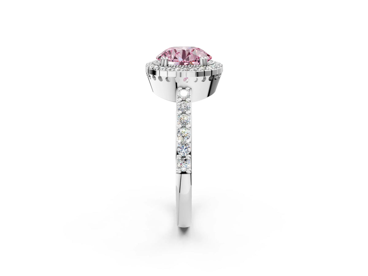 Fancy Pink Round Cut Diamond Halo Engagement Ring in White gold with Milgrain Detail and Pavé Band_2