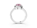 Fancy Pink Round Cut Diamond Halo Engagement Ring in White gold with Milgrain Detail and Pavé Band_3