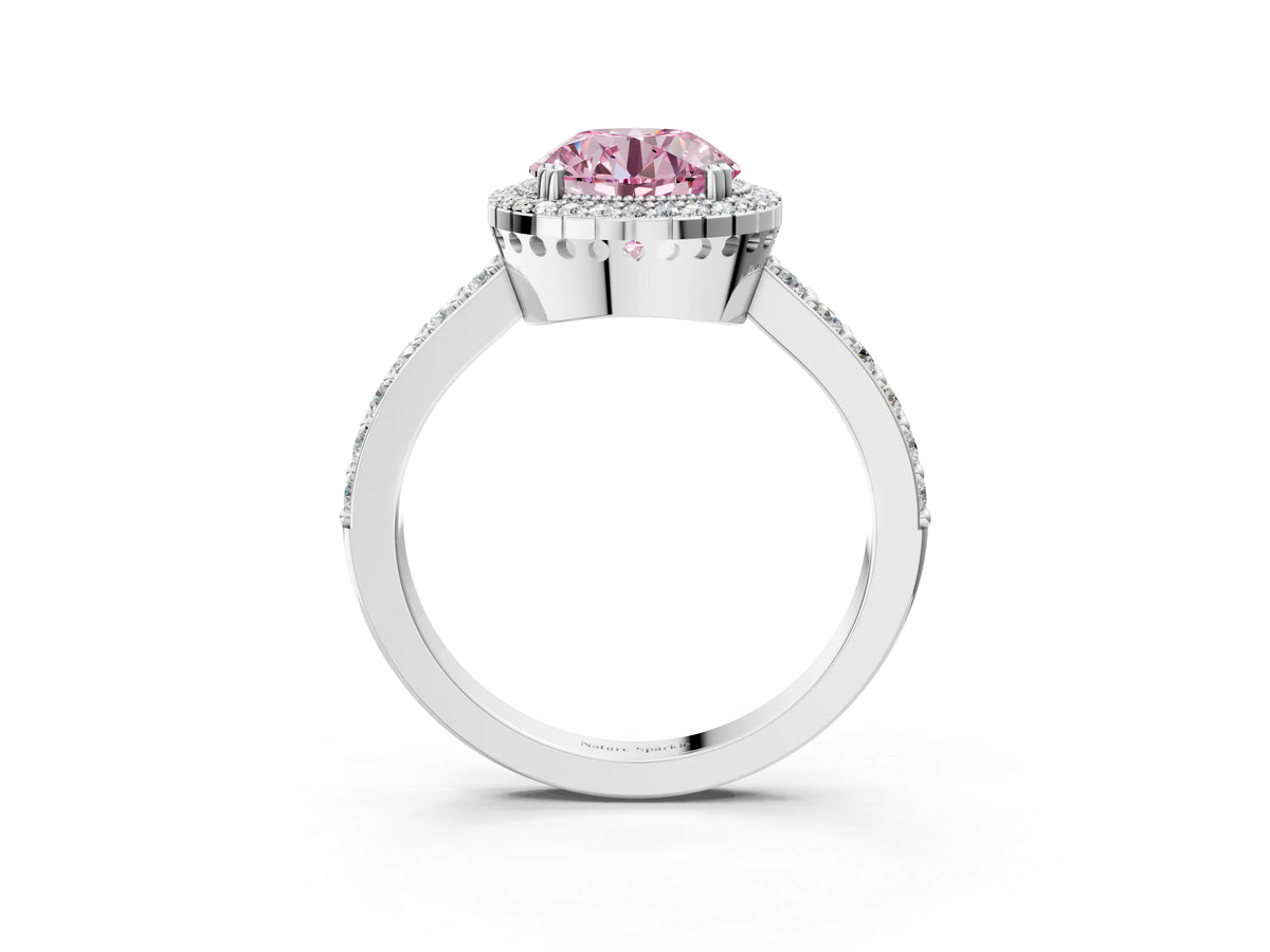 Fancy Pink Round Cut Diamond Halo Engagement Ring in White gold with Milgrain Detail and Pavé Band_3