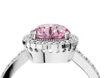 Fancy Pink Round Cut Diamond Halo Engagement Ring in White gold with Milgrain Detail and Pavé Band_4
